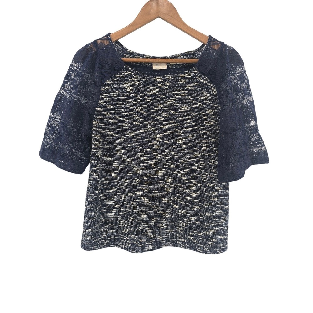 Anthropologie Postmark Lace‎ Sleeve Blouse S Navy Textured Mixed Media